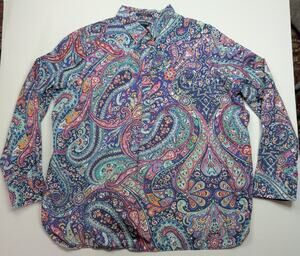 Lands End Size 18 Multi Paisley No Iron Supima Cotton Popover Tunic Shirt
